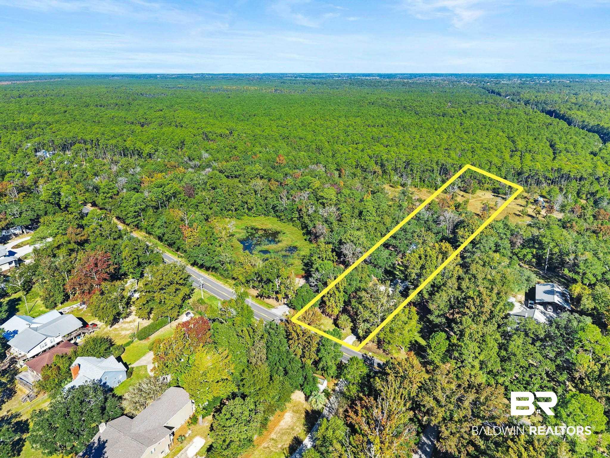 Image 2: Aerial view of property and surrounding area with a forest and property boundaries highlighted