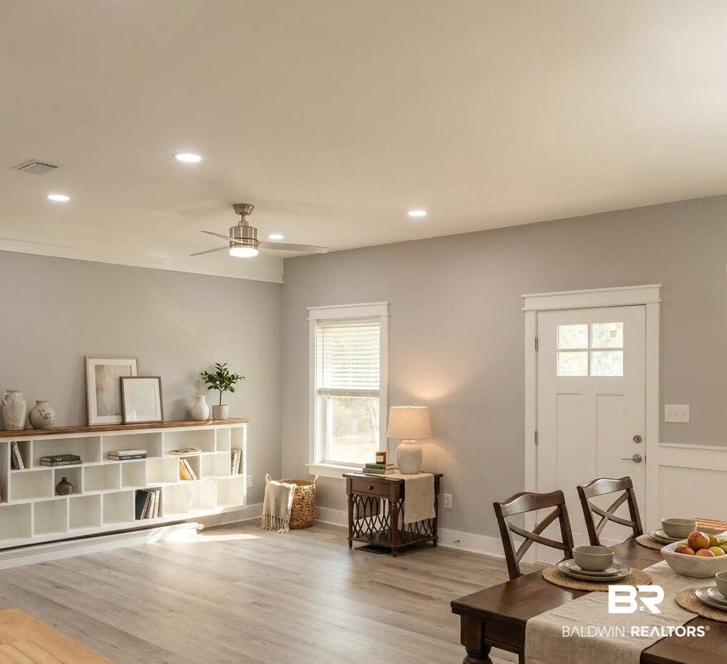 Image 3: Open-concept living area with light-toned wood-finish flooring and custom wood shelves perfect to display your collectables, books or art work