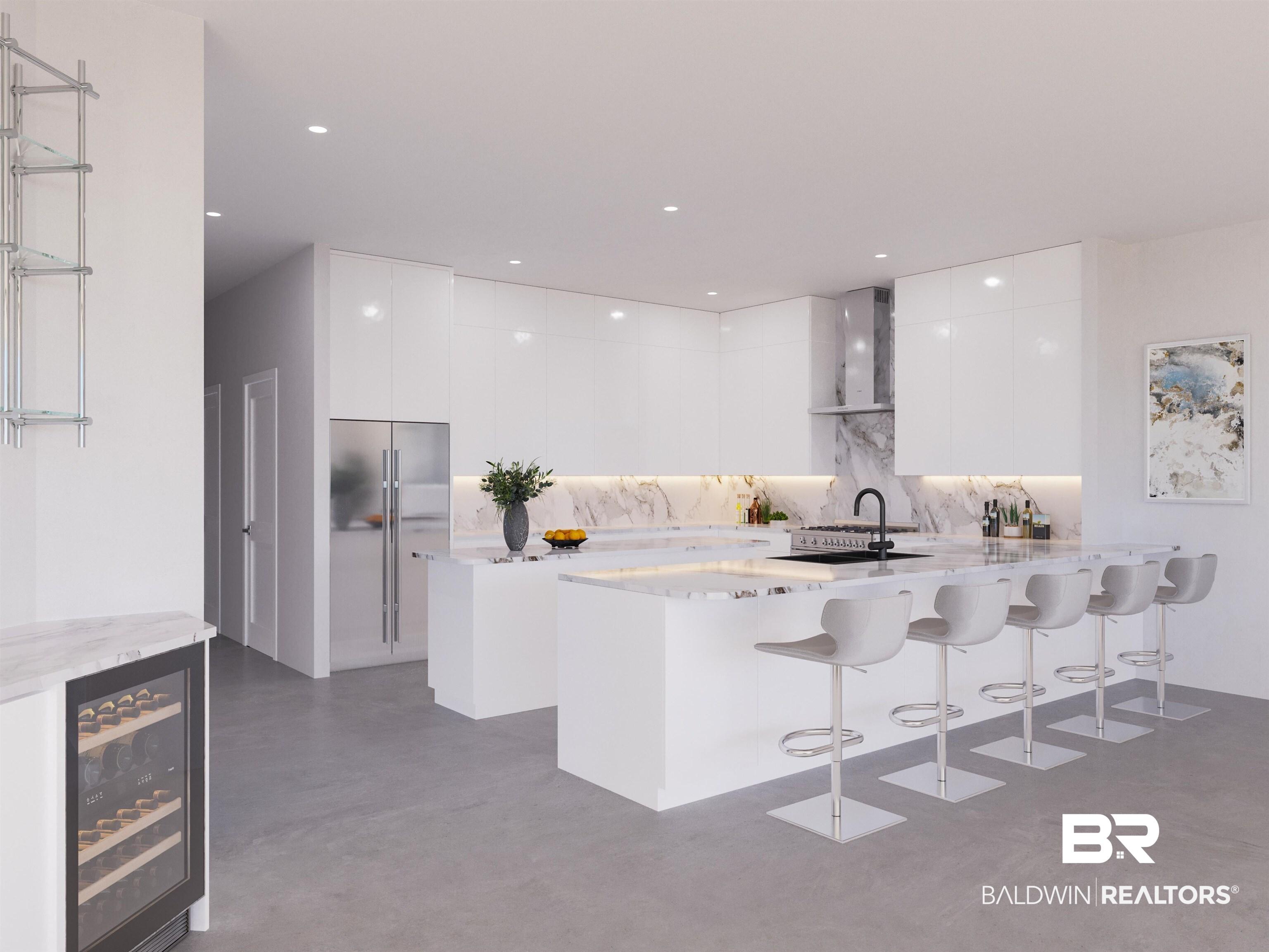 Image 2: Kitchen with a kitchen breakfast bar, modern cabinets, white cabinets, a peninsula, and light stone countertops