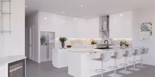 Image 2: Kitchen with a kitchen breakfast bar, modern cabinets, white cabinets, a peninsula, and light stone countertops