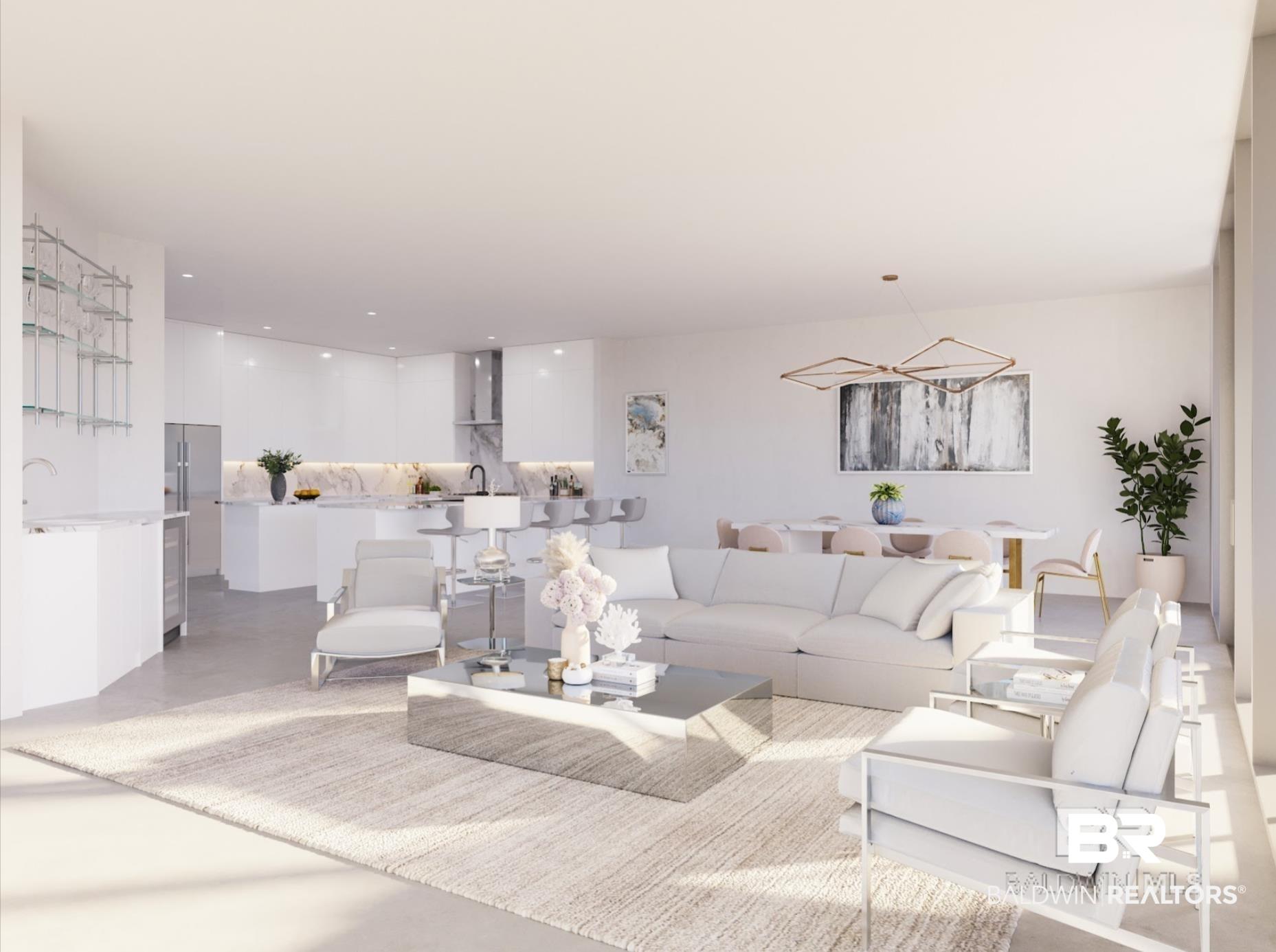 Image 3: Living area with a chandelier, finished concrete flooring, and recessed lighting