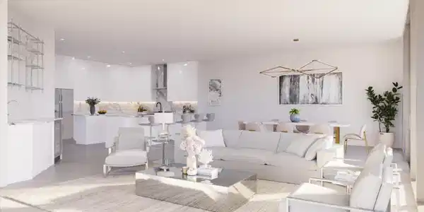 Image 3: Living area with a chandelier, finished concrete flooring, and recessed lighting