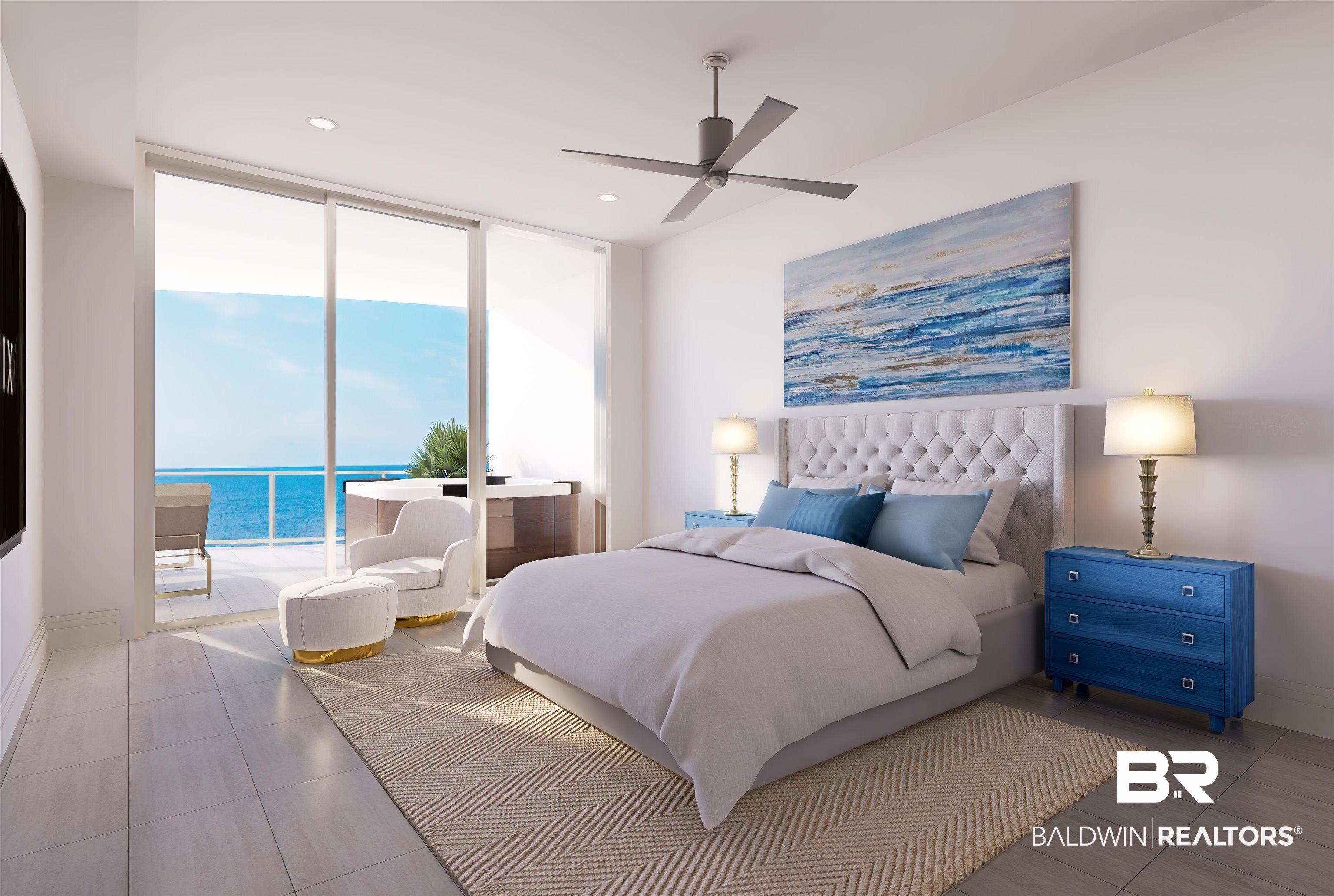 Image 4: Tiled bedroom featuring a water view, access to outside, expansive windows, ceiling fan, and recessed lighting