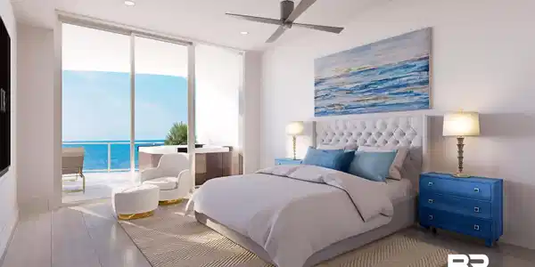 Image 4: Tiled bedroom featuring a water view, access to outside, expansive windows, ceiling fan, and recessed lighting