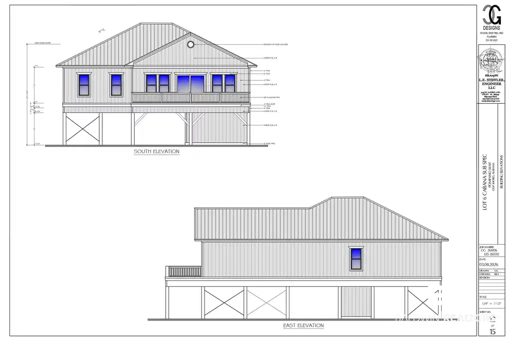 Image 1: Architectural Plans. Displaying the South and East elevations of the property