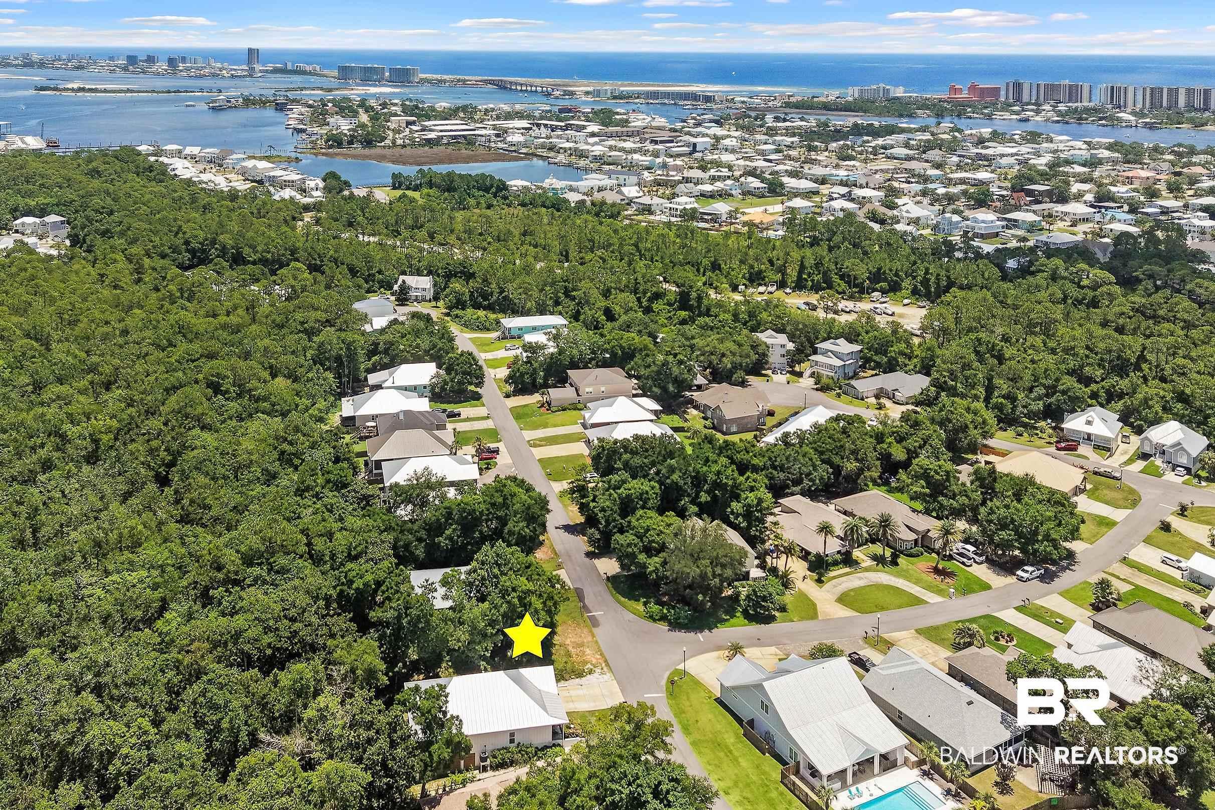 Image 2: Coastal residential area with mature tree coverage, featuring a visible body of water and distant urban skyline