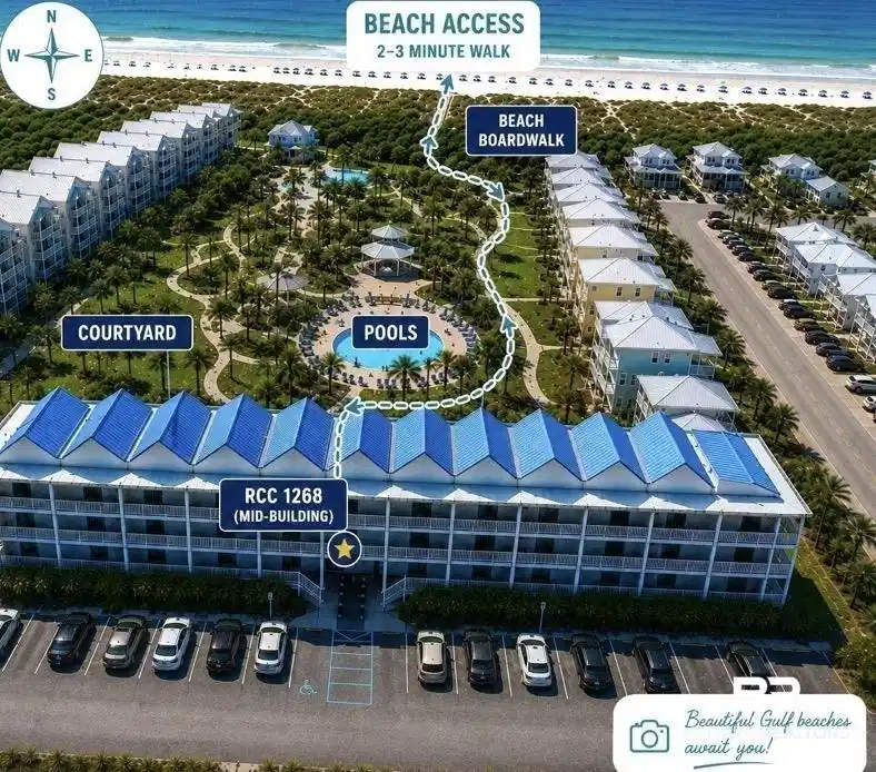 Image 1: Multi-story building featuring a distinctive blue roof design, on-site parking, and a central courtyard with multiple swimming pools