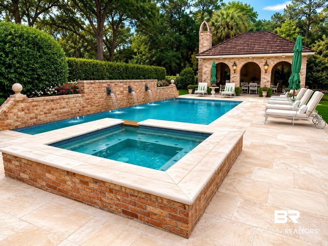 Image 2: Expansive outdoor living area featuring a rectangular swimming pool, integrated spa, and fountain wall
