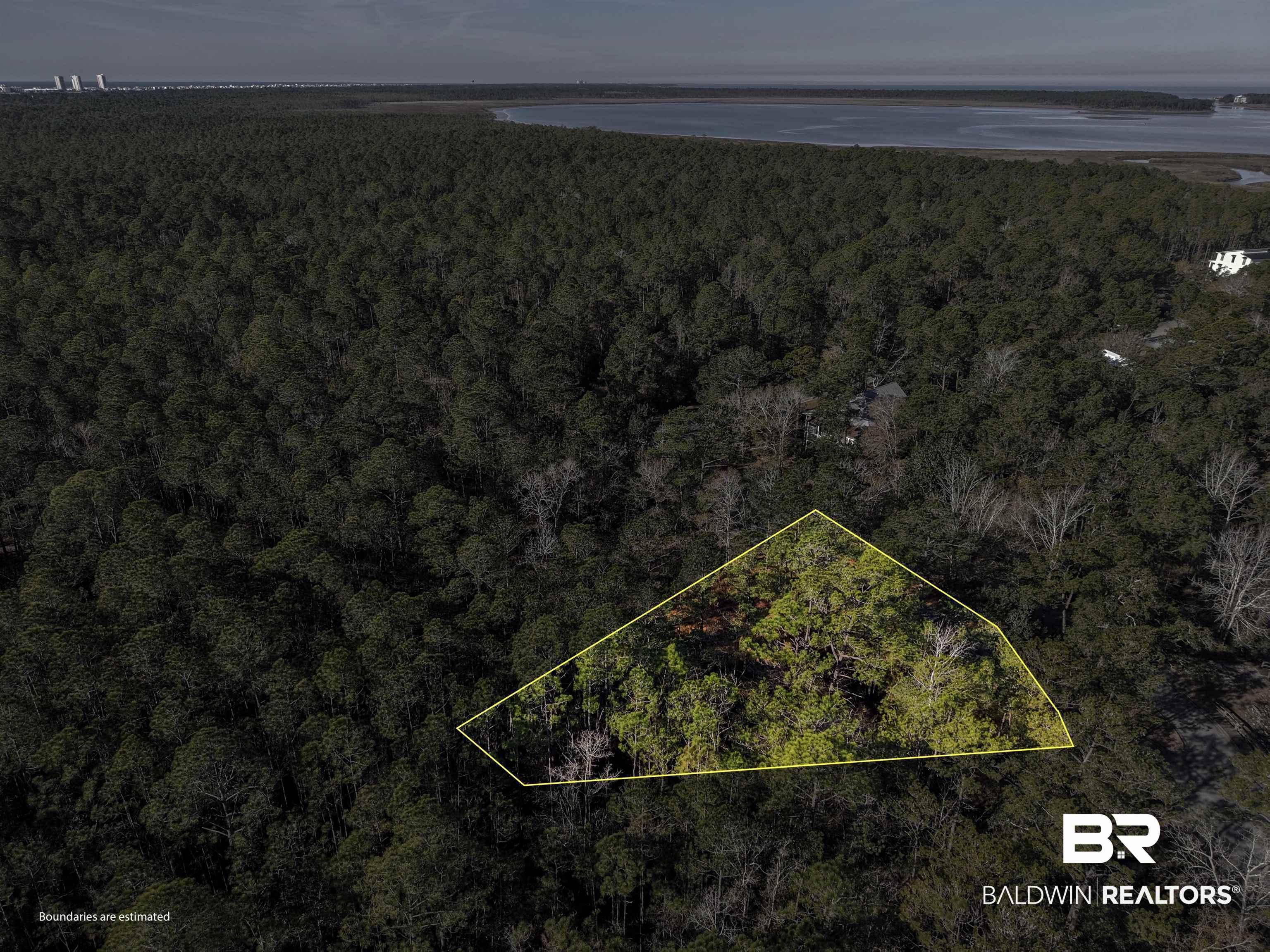 Image 1: Aerial overview of property's location featuring a forest and property boundaries highlighted