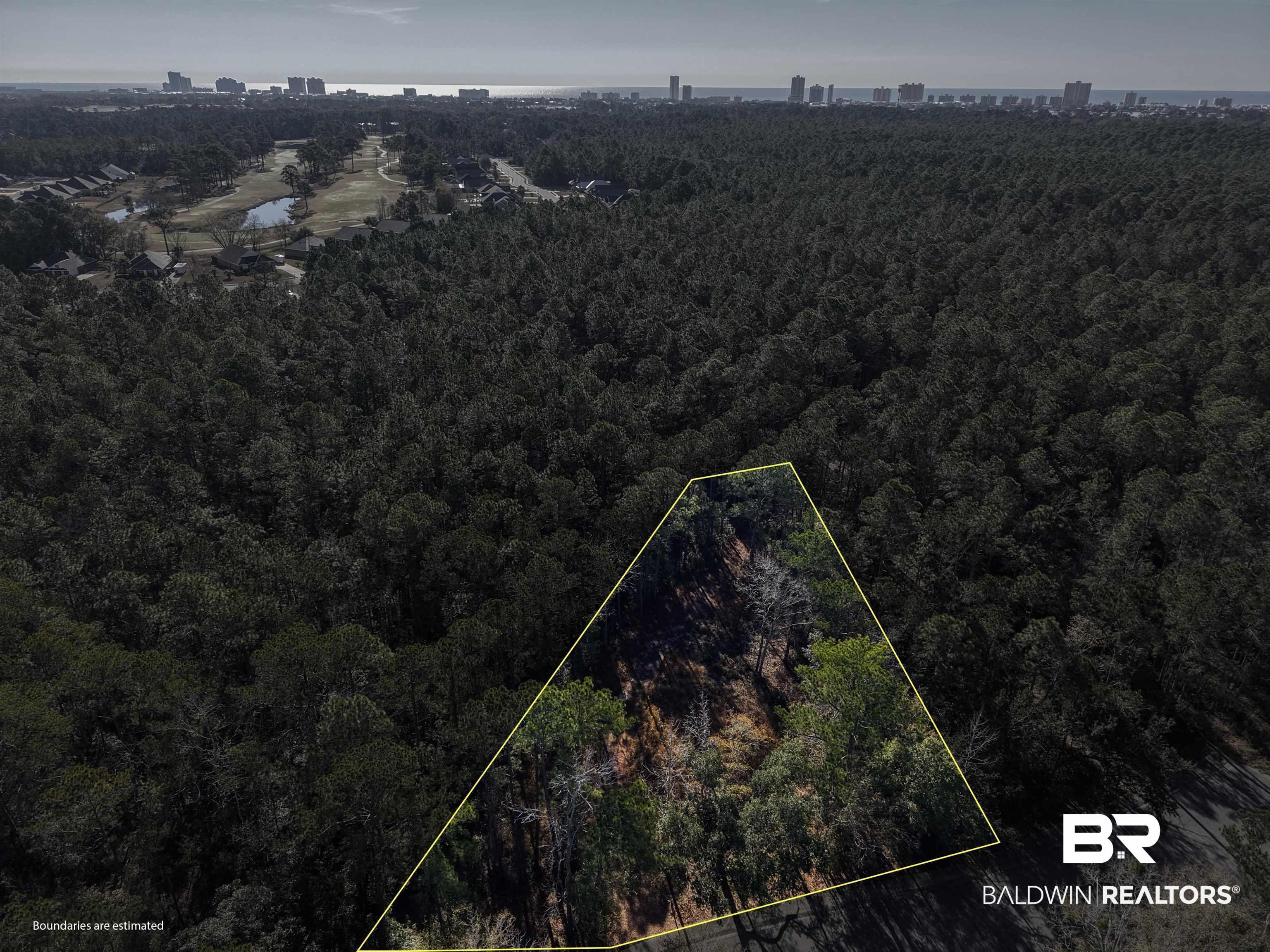 Image 3: View of urban area featuring property boundaries highlighted and a heavily wooded area
