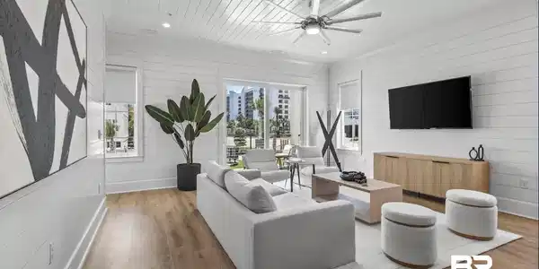 Image 3: Living room with wooden walls, wood ceiling, ceiling fan, wood finished floors, and recessed lighting
