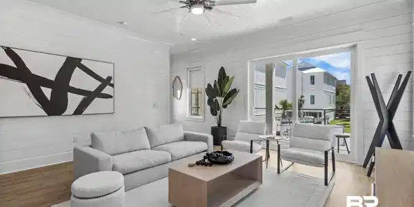 Image 4: Living room with wooden walls, wood finished floors, recessed lighting, ceiling fan, and wood ceiling