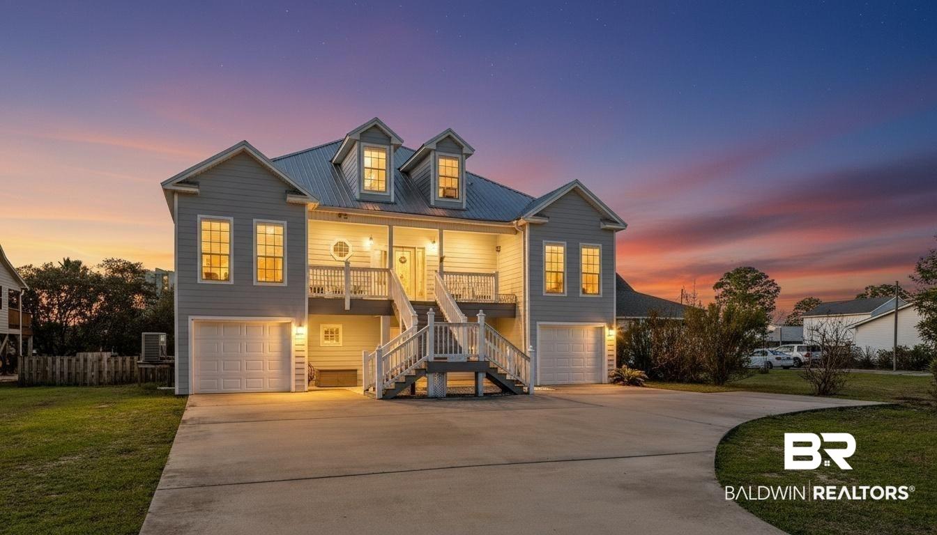 Image 2: View of front of house with an attached garage, driveway, a porch, a metal roof, and a front yard