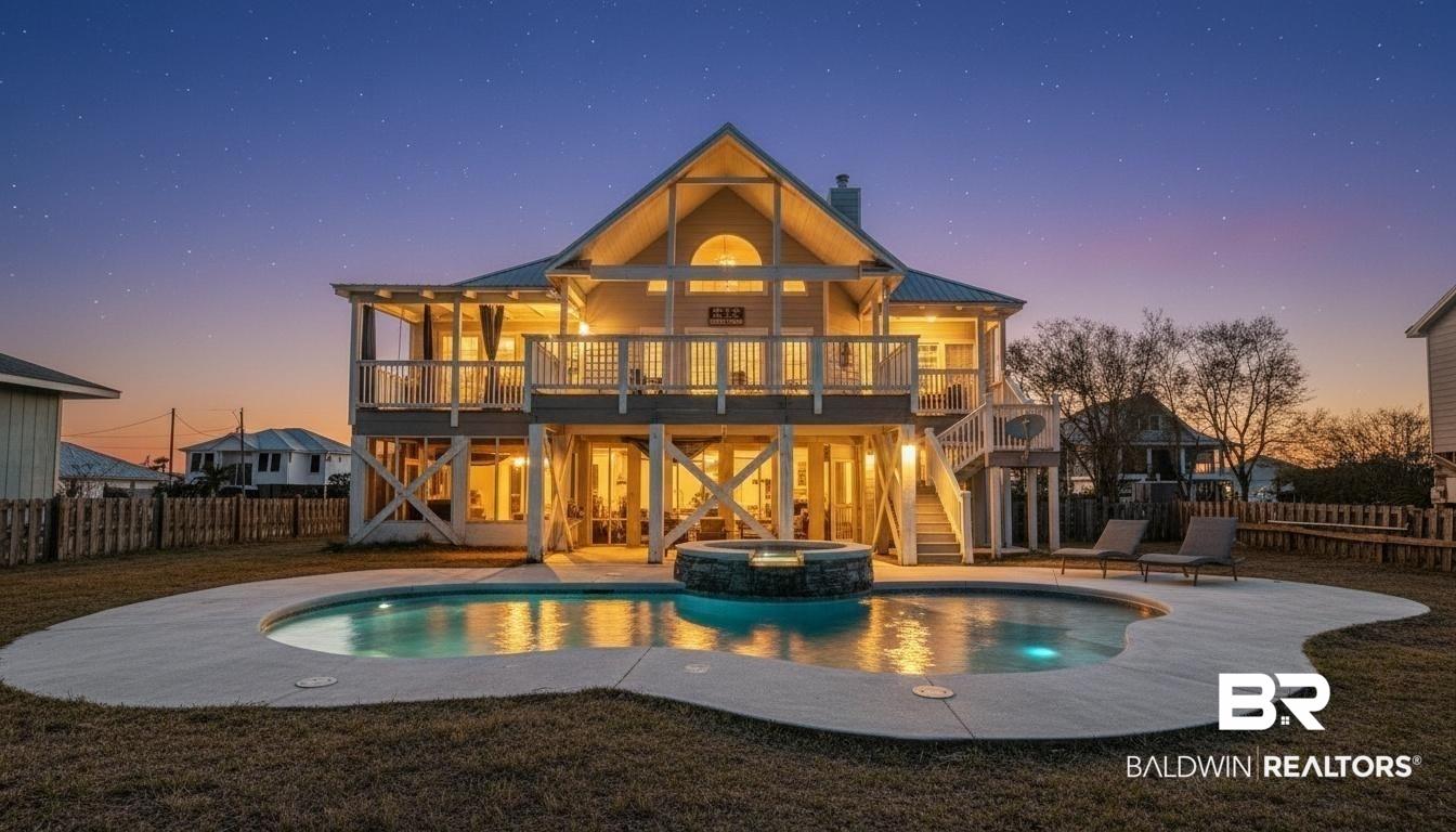 Image 3: Back of property at dusk with a patio area, a chimney, and a fenced backyard