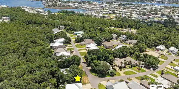 Image 2: Coastal residential area with mature tree coverage, featuring a visible body of water and distant urban skyline