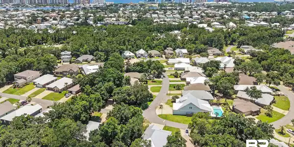 Image 3: Aerial perspective showcasing a residential community with mature trees