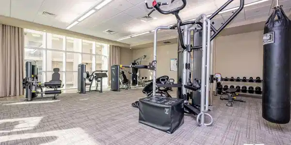 Image 3: Fitness center featuring a variety of exercise equipment, a punching bag, and a full set of dumbbells