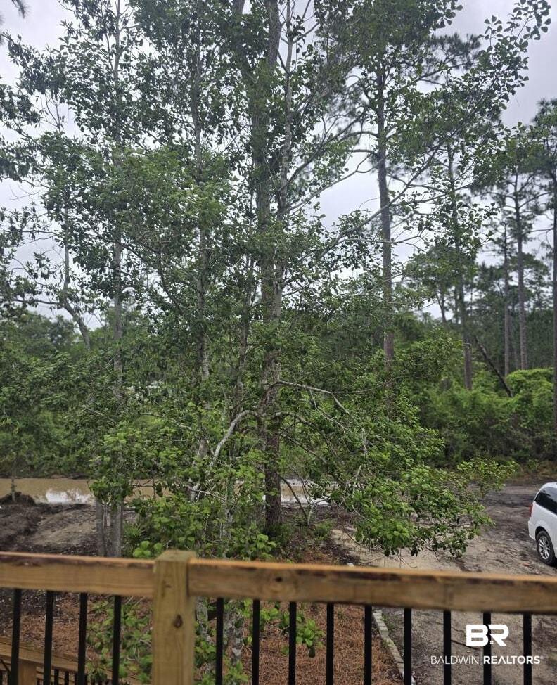 Image 4: Wood deck railing with black metal balusters overlooking a wooded landscape