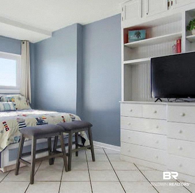 Image 2: White tile flooring complemented by a built-in storage unit with open shelving and closed cabinetry