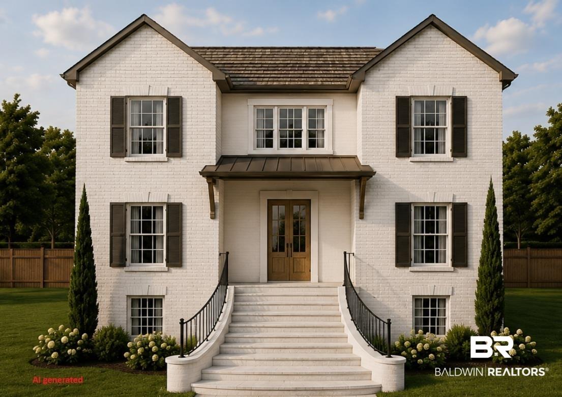 Image 1: White brick exterior with dark shutters, gabled rooflines, and a cedar shake roof