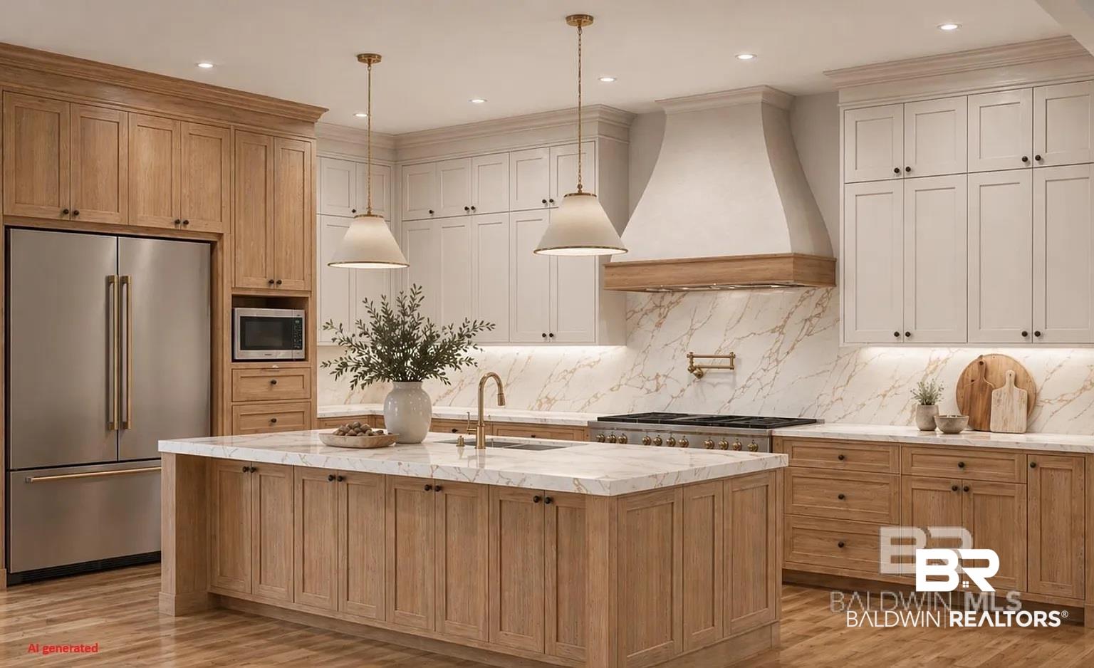 Image 3: Expansive kitchen featuring a central island with countertop, two-tone cabinetry, stainless steel appliances, a pot filler, and wood-finish flooring