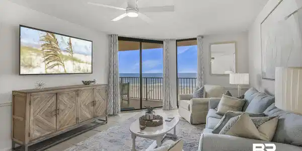 Image 4: Living room featuring floor to ceiling windows, a ceiling fan, a textured ceiling, and light tile patterned flooring