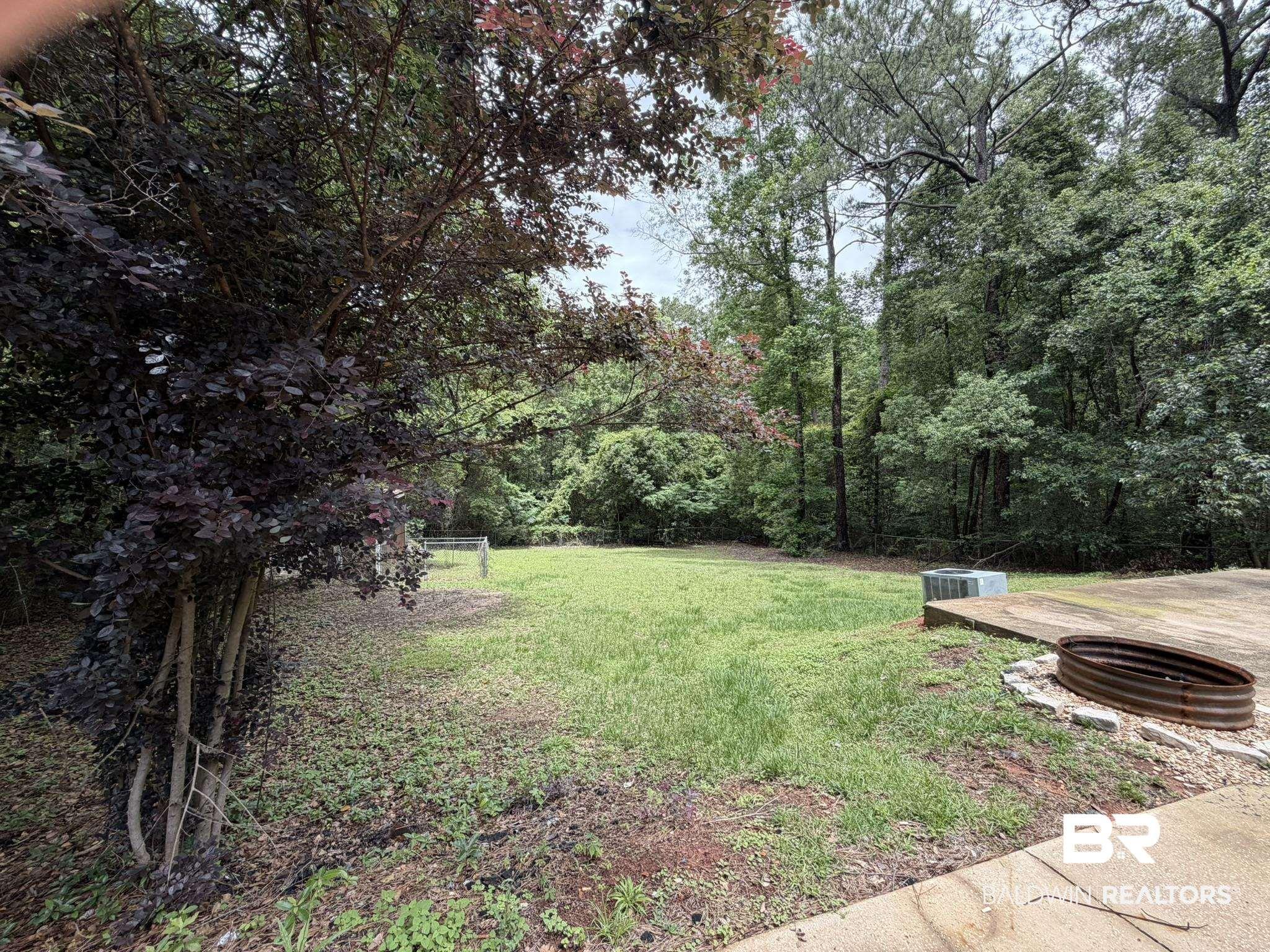 Image 3: Expansive grassy area surrounded by mature trees, featuring a concrete patio with a rustic metal fire pit