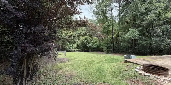 Image 3: Expansive grassy area surrounded by mature trees, featuring a concrete patio with a rustic metal fire pit
