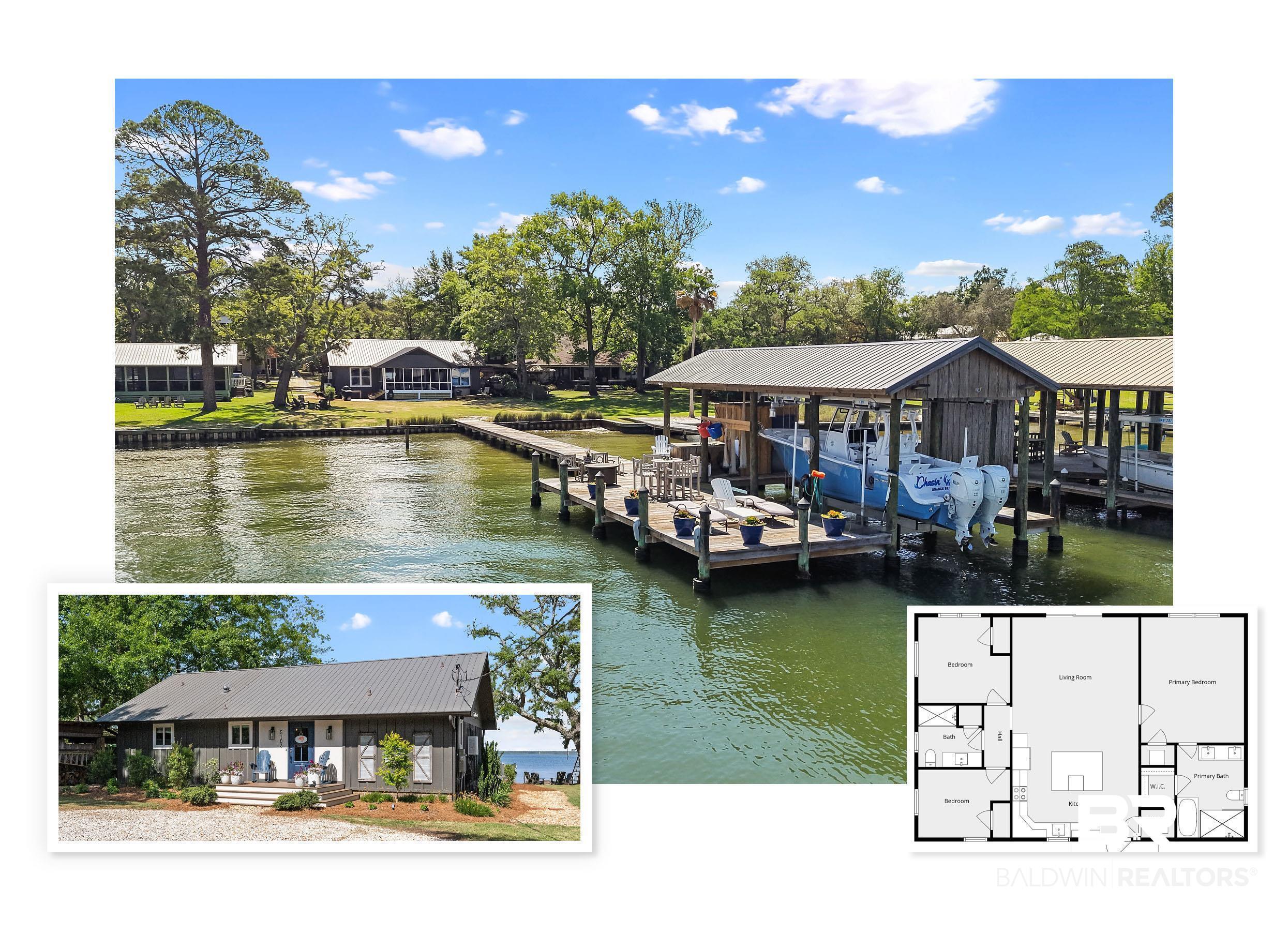 Image 1: Waterfront property featuring a private boat dock, covered boat slip, and a separate uncovered pier