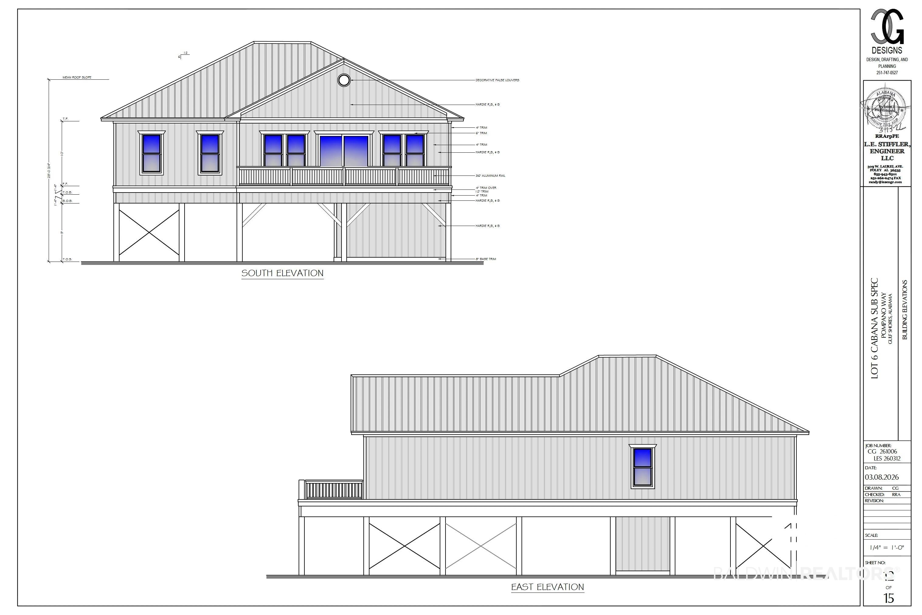 Image 1: Architectural Plans. Displaying the South and East elevations of the property