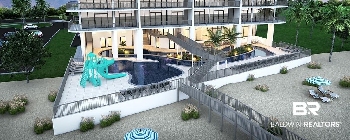 Image 3: Multi-story building with multiple balconies, a swimming pool with a water slide, a secondary pool area, and a beach-like expanse