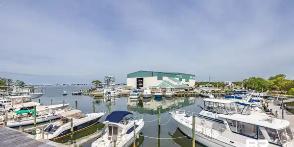 Image 3: Marina featuring numerous boats docked at wooden piers