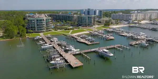 Image 4: Aerial view of numerous boat docks and a large body of water