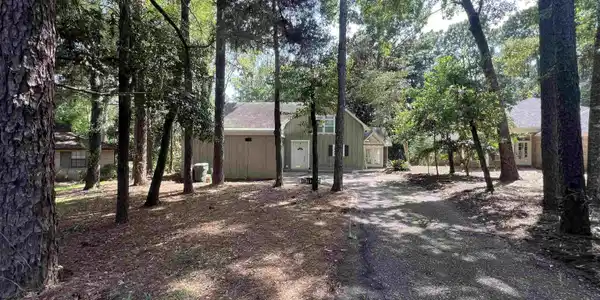 Image 2: Wooded property with a gravel driveway, featuring a light green siding exterior, white trim, and a dark shingle roof