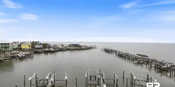 Image 3: Water view with boat lift, a dock, and numerous boat docks