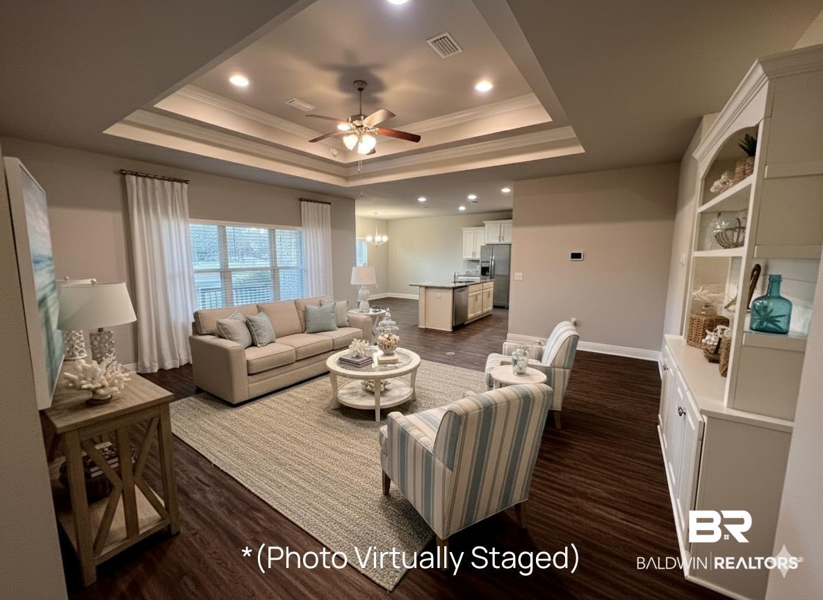 Image 4: Living room featuring ornamental molding, recessed lighting, ceiling fan, and dark wood-style flooring