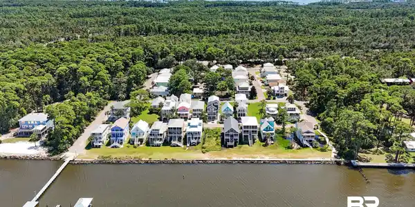 Image 3: Aerial perspective of suburban area featuring a large body of water and a heavily wooded area