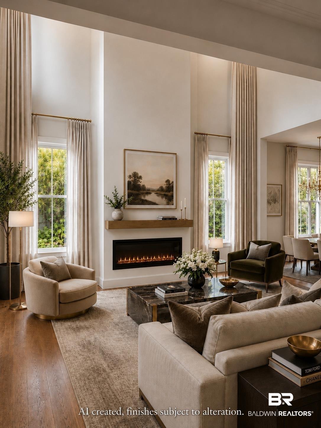 Image 2: Living area featuring high ceilings, wood-finish flooring, a linear electric fireplace with a wood mantel, and tall windows with extensive drapery