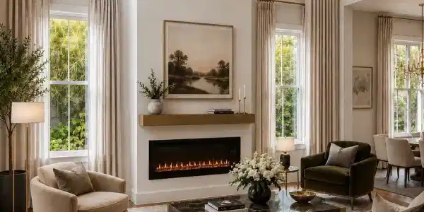 Image 2: Living area featuring high ceilings, wood-finish flooring, a linear electric fireplace with a wood mantel, and tall windows with extensive drapery