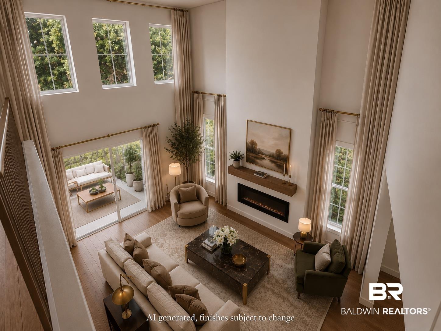 Image 3: Two-story living area featuring wood-finish flooring, a contemporary fireplace with a wood mantel, and multiple large windows