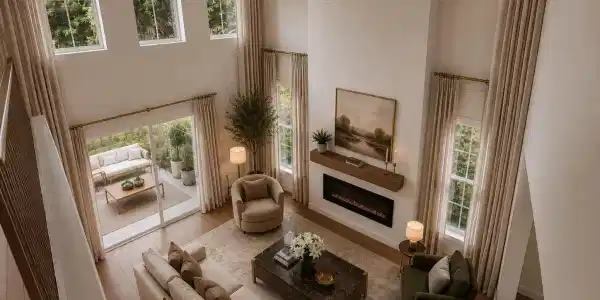 Image 3: Two-story living area featuring wood-finish flooring, a contemporary fireplace with a wood mantel, and multiple large windows