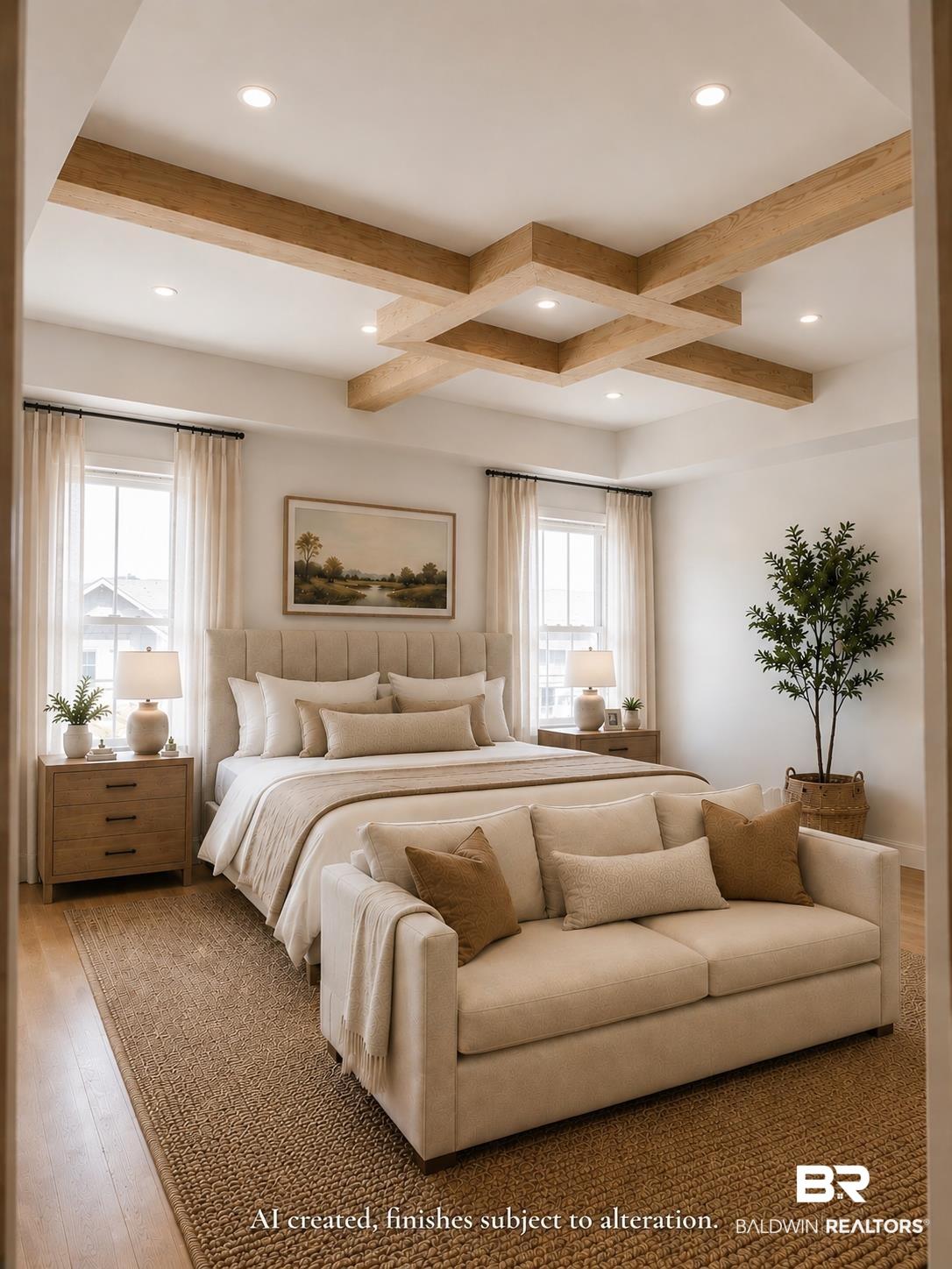 Image 4: Spacious bedroom featuring an intricate coffered ceiling with recessed lighting, wood-finish flooring, and dual windows