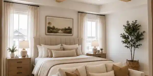 Image 4: Spacious bedroom featuring an intricate coffered ceiling with recessed lighting, wood-finish flooring, and dual windows