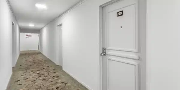 Image 2: Corridor featuring a patterned carpet runner, whit