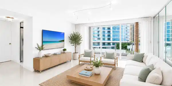 Image 3: Living Room Virtually Staged. Ocean and Pool views