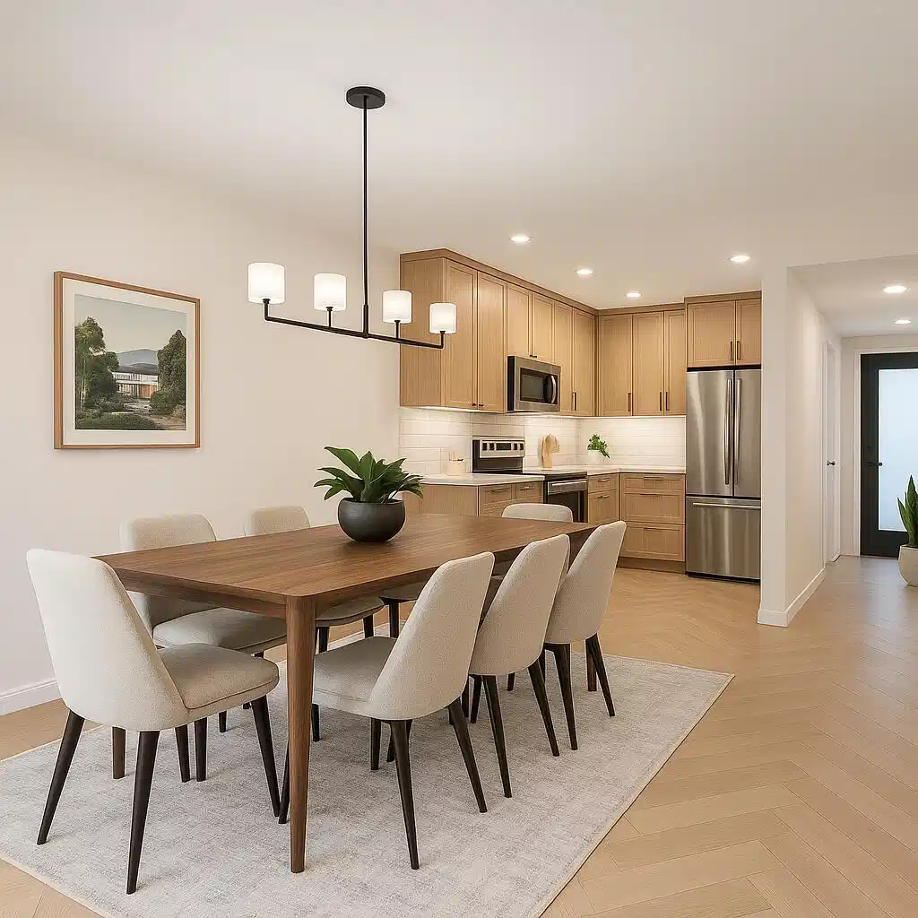 Image 1: **digitally staged - kitchen and dining room