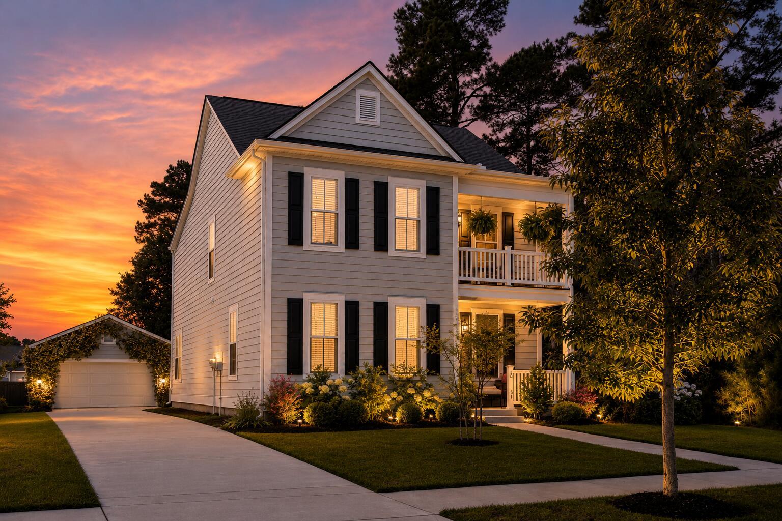 Image 4: 04-2081Utsey_Front-AngledDriveway-Sunset