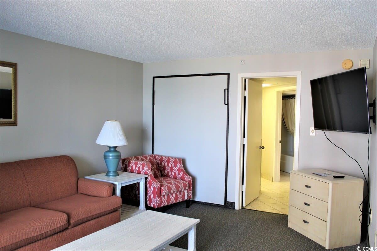 Image 3: Carpeted living room featuring a textured ceiling