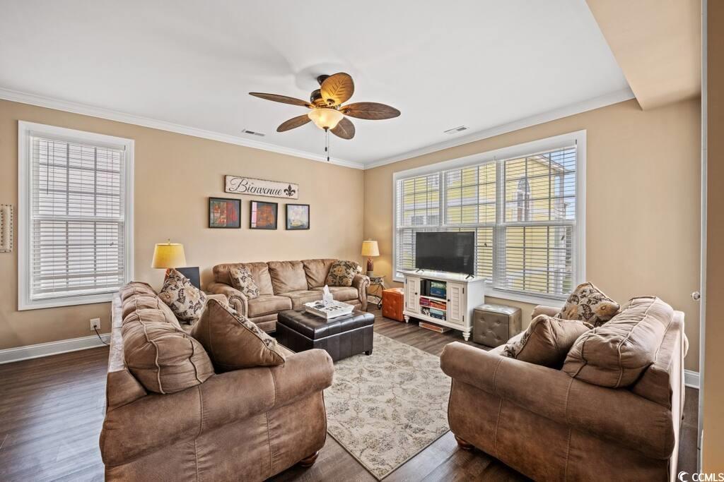 Image 3: Living room with a ceiling fan, ornamental molding Image 3: Living room with a ceiling fan, ornamental molding