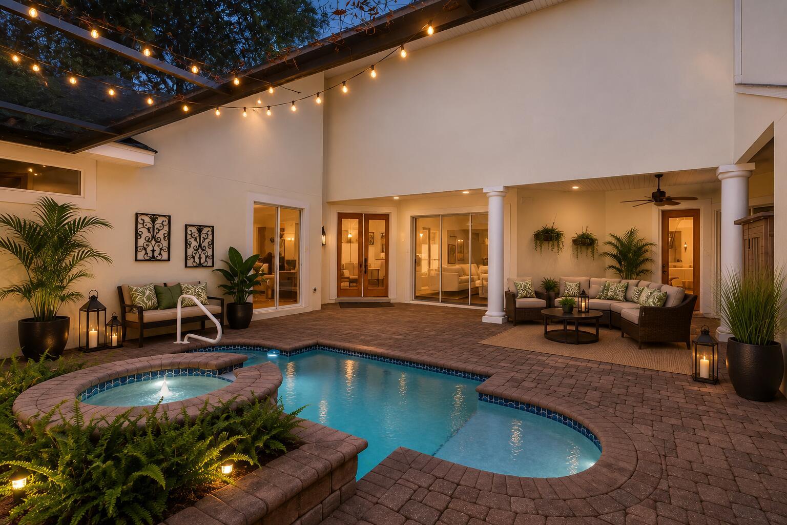 Image 1: Cozy Tropical Pool Patio at Dusk